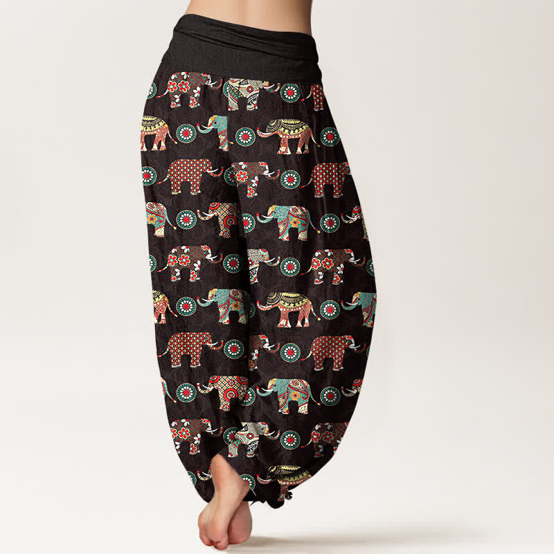 Nimara Ritual Cotton Elephant Mandala Pattern Women's Elastic Waist Harem Pants