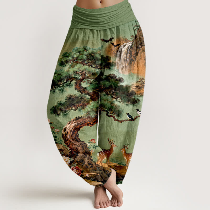 Nimara Ritual Cotton Mountain Pine Deer Pattern Women's Elastic Waist Harem Pants