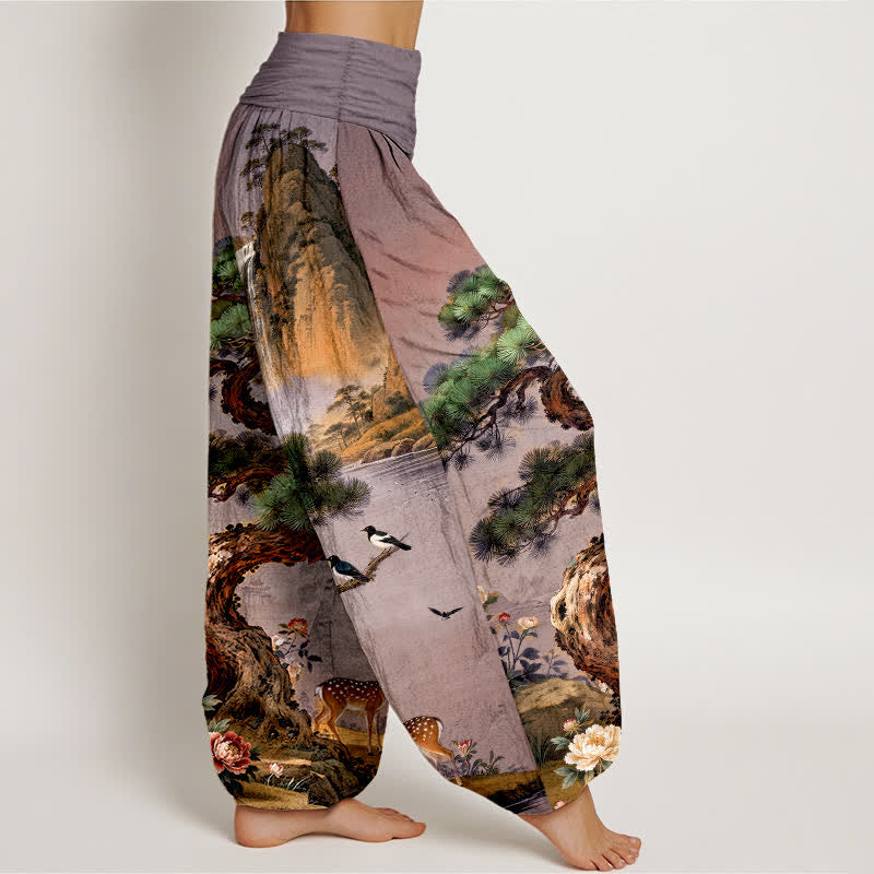 Nimara Ritual Cotton Mountain Pine Deer Pattern Women's Elastic Waist Harem Pants