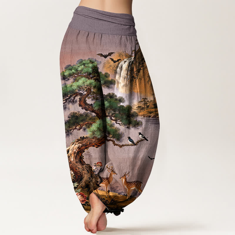 Nimara Ritual Cotton Mountain Pine Deer Pattern Women's Elastic Waist Harem Pants