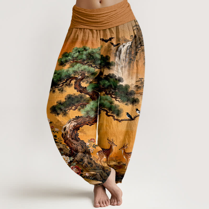 Nimara Ritual Cotton Mountain Pine Deer Pattern Women's Elastic Waist Harem Pants