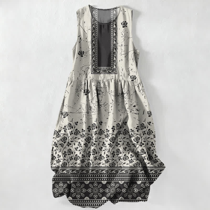 Nimara Ritual Summer Casual Vintage Floral Border Pattern Women's Summer Sleeveless Midi Dress With Pockets