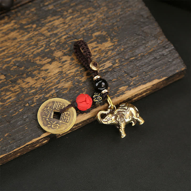Nimara Ritual Brass Elephant Five Emperor Coins Gourd Pi Xiu Wisdom Keychains