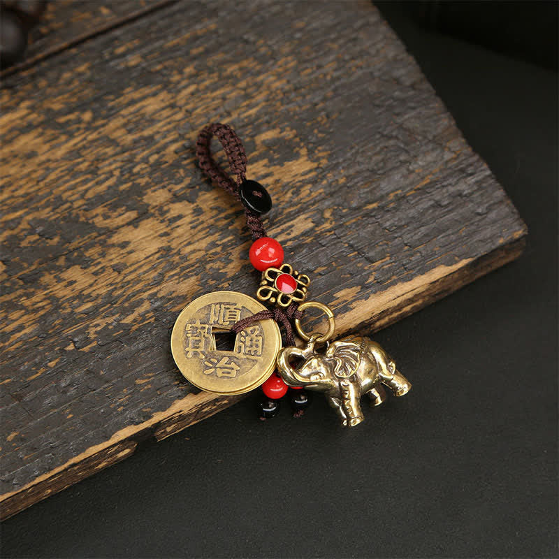 Nimara Ritual Brass Elephant Five Emperor Coins Gourd Pi Xiu Wisdom Keychains
