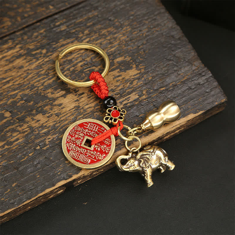 Nimara Ritual Brass Elephant Five Emperor Coins Gourd Pi Xiu Wisdom Keychains