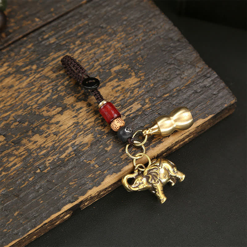 Nimara Ritual Brass Elephant Five Emperor Coins Gourd Pi Xiu Wisdom Keychains