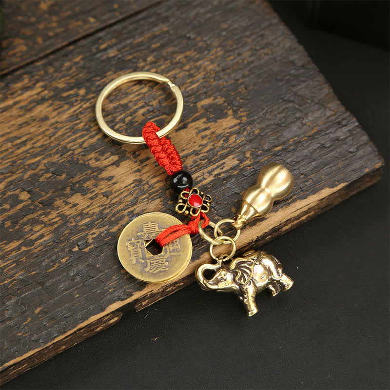 Nimara Ritual Brass Elephant Five Emperor Coins Gourd Pi Xiu Wisdom Keychains