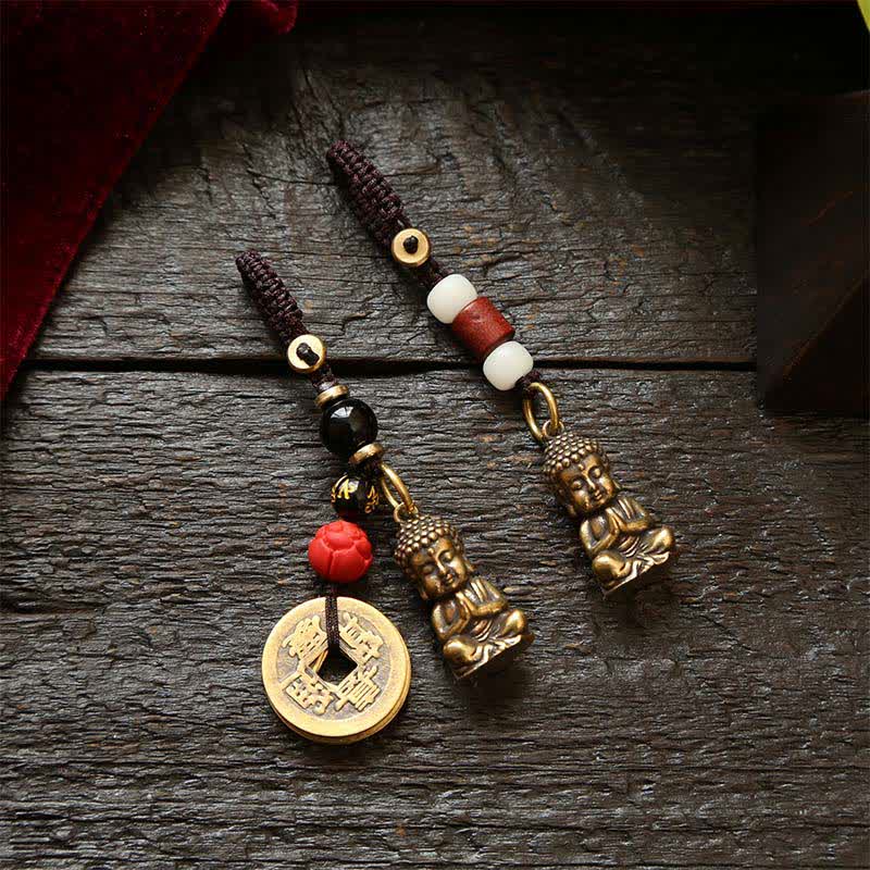 Nimara Ritual Brass Buddha Five Emperor Coins Braided Cord Compassion Keychains