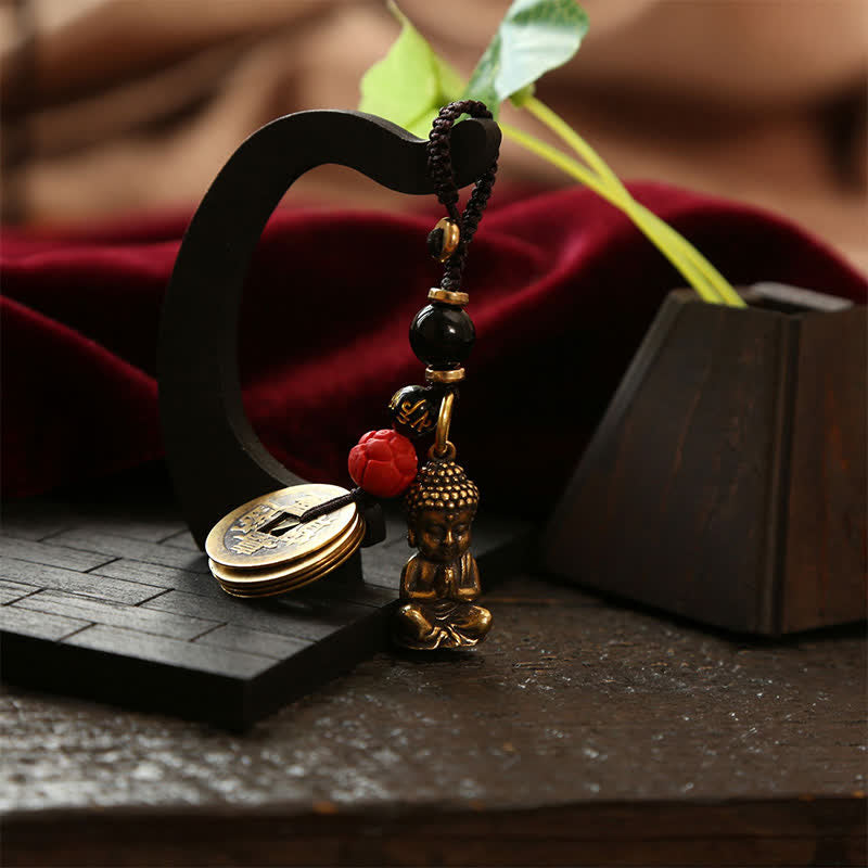 Nimara Ritual Brass Buddha Five Emperor Coins Braided Cord Compassion Keychains