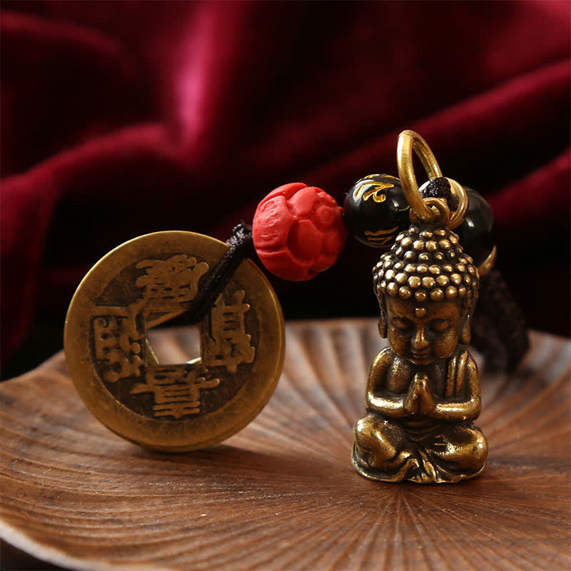 Nimara Ritual Brass Buddha Five Emperor Coins Braided Cord Compassion Keychains