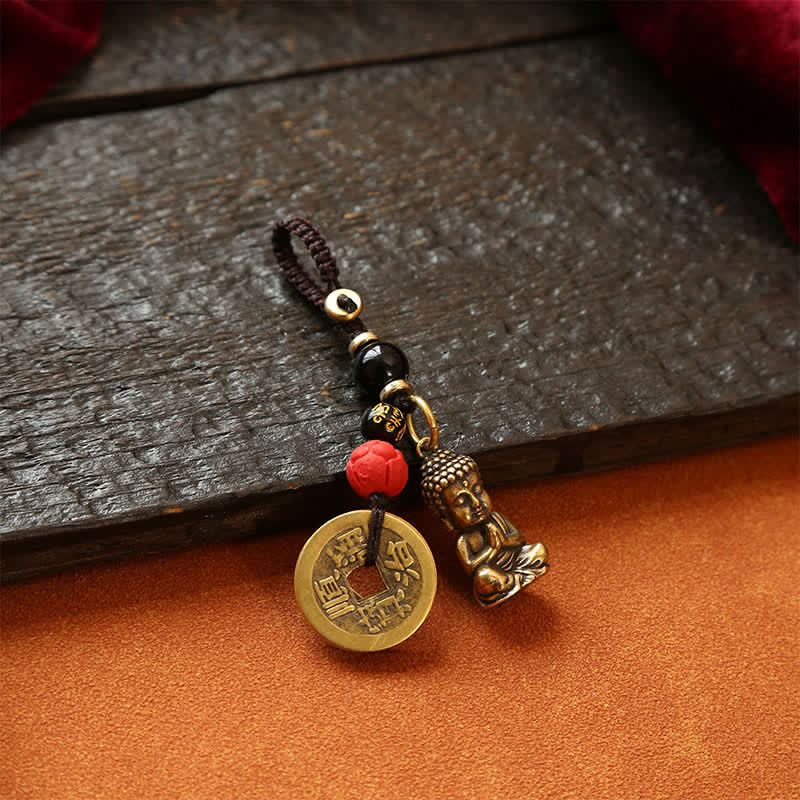 Nimara Ritual Brass Buddha Five Emperor Coins Braided Cord Compassion Keychains