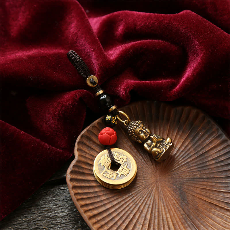 Nimara Ritual Brass Buddha Five Emperor Coins Braided Cord Compassion Keychains