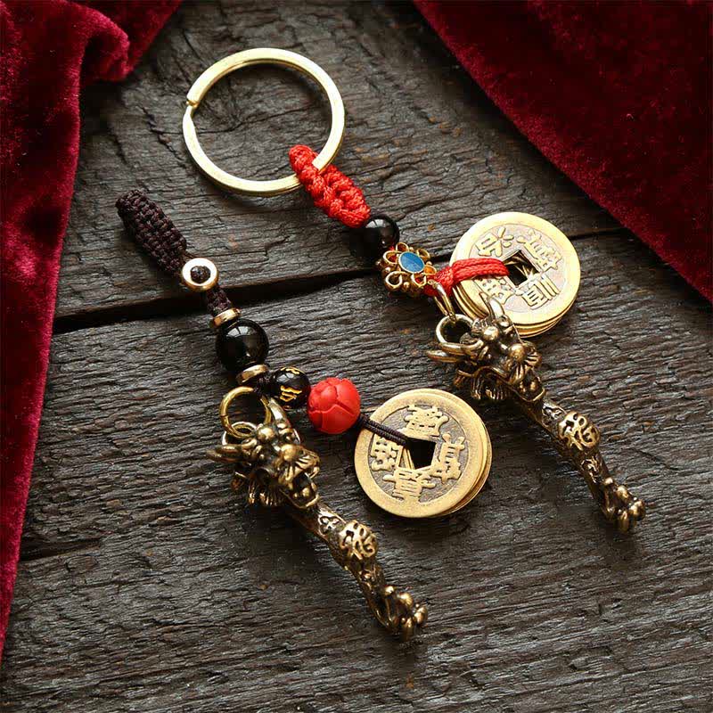 Nimara Ritual Brass Dragon Ruyi Five Emperor Coins Success Keychains