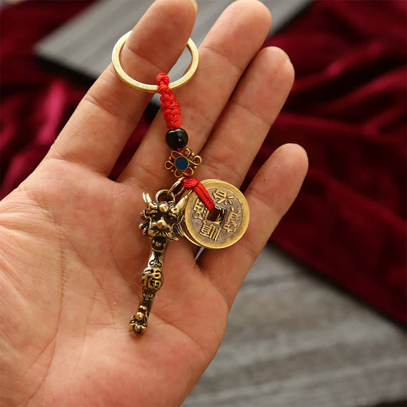 Nimara Ritual Brass Dragon Ruyi Five Emperor Coins Success Keychains