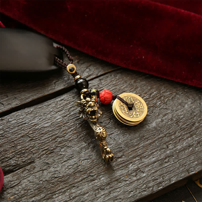 Nimara Ritual Brass Dragon Ruyi Five Emperor Coins Success Keychains
