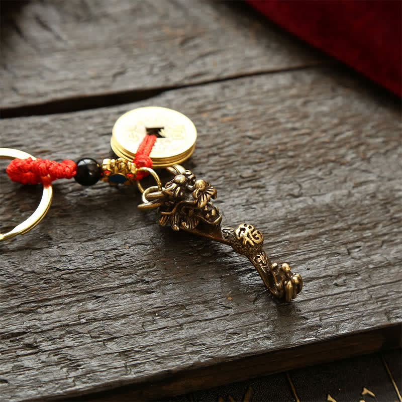 Nimara Ritual Brass Dragon Ruyi Five Emperor Coins Success Keychains