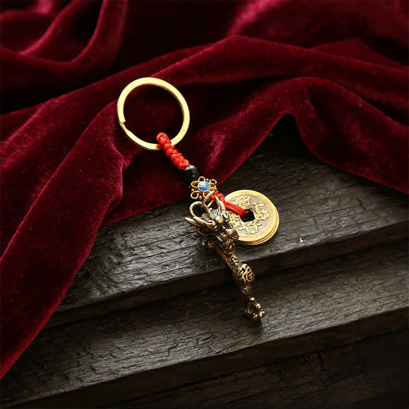 Nimara Ritual Brass Dragon Ruyi Five Emperor Coins Success Keychains