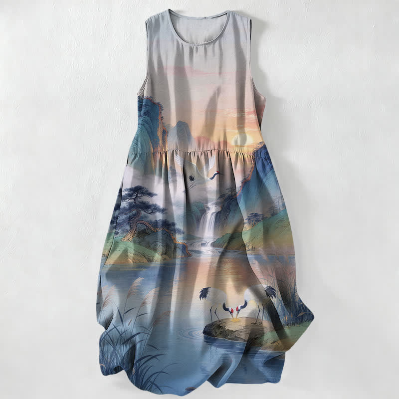 Nimara Ritual Summer Casual Crane Waterfall Landscape Pattern Women's Summer Sleeveless Midi Dress With Pockets
