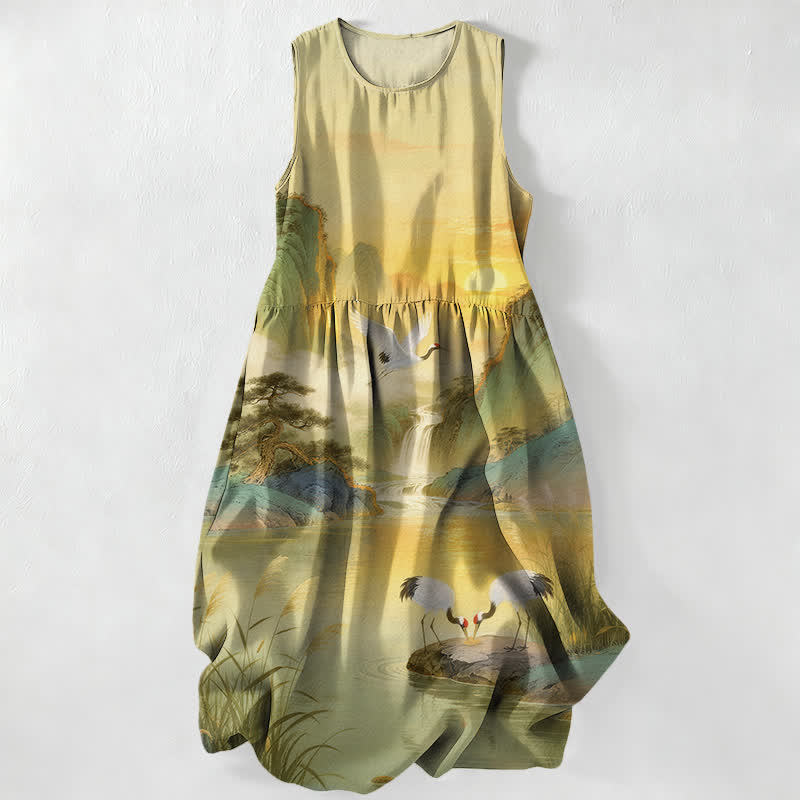 Nimara Ritual Summer Casual Crane Waterfall Landscape Pattern Women's Summer Sleeveless Midi Dress With Pockets