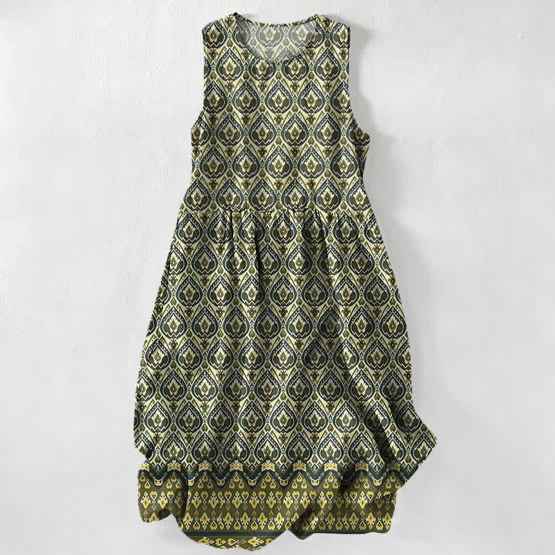 Nimara Ritual Summer Casual Bohemian Ikat Geometric Pattern Women's Summer Sleeveless Midi Dress With Pockets