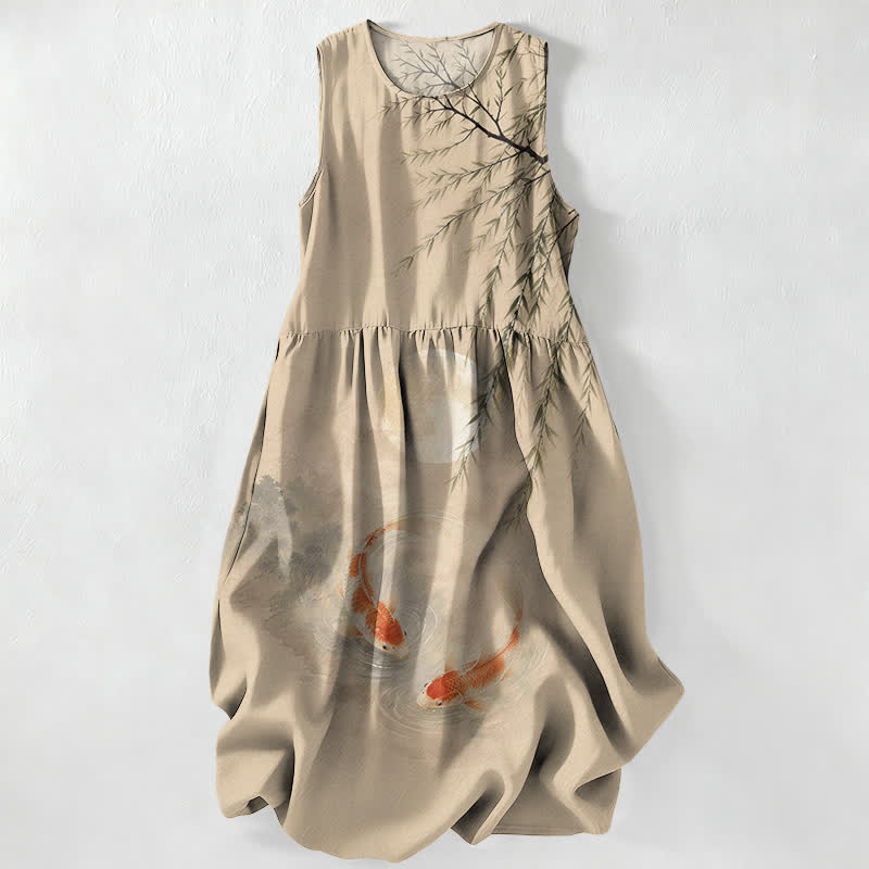 Nimara Ritual Summer Casual Ink Koi Willow Pattern Women's Summer Sleeveless Midi Dress With Pockets