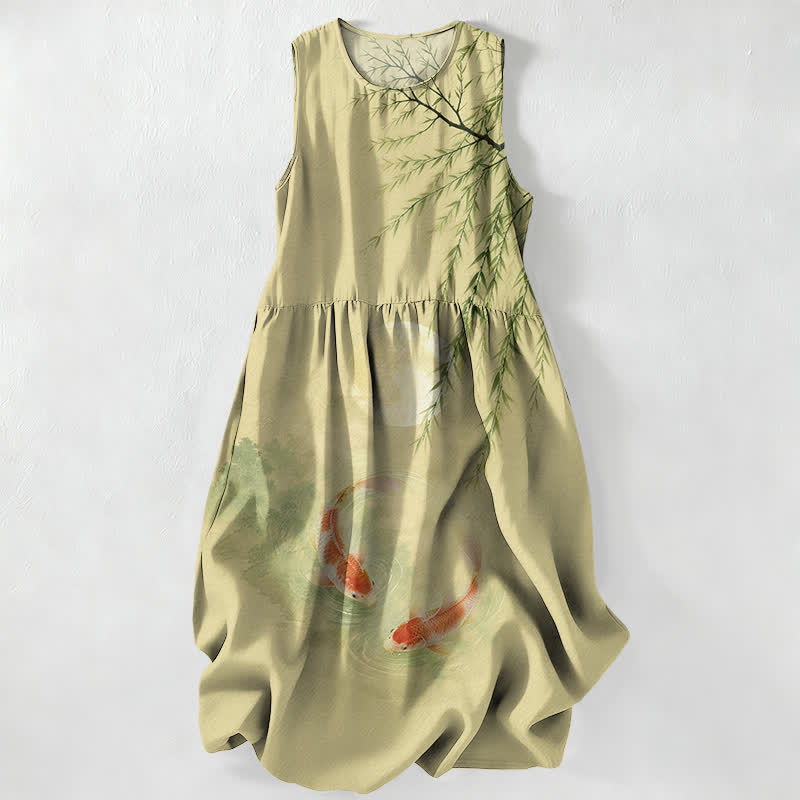 Nimara Ritual Summer Casual Ink Koi Willow Pattern Women's Summer Sleeveless Midi Dress With Pockets