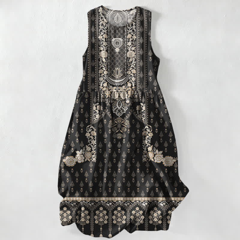 Nimara Ritual Summer Casual Boho Ethnic Medallion Pattern Women's Summer Sleeveless Midi Dress With Pockets