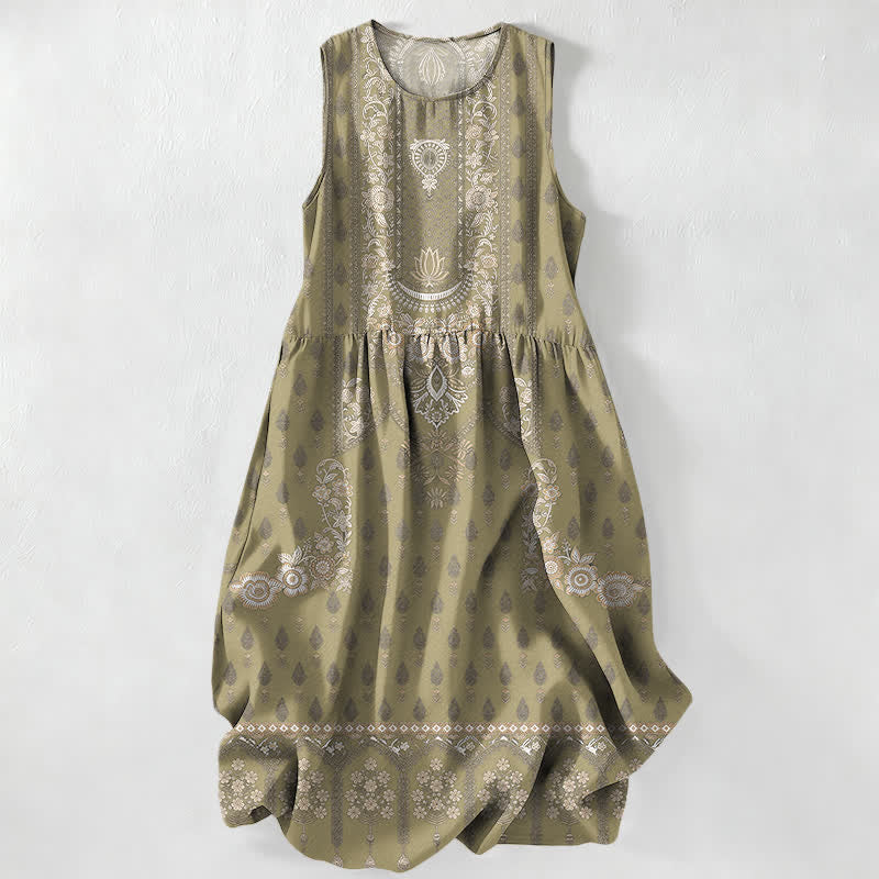 Nimara Ritual Summer Casual Boho Ethnic Medallion Pattern Women's Summer Sleeveless Midi Dress With Pockets