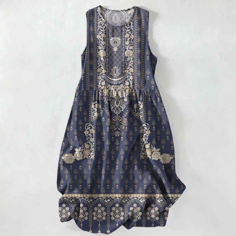 Nimara Ritual Summer Casual Boho Ethnic Medallion Pattern Women's Summer Sleeveless Midi Dress With Pockets
