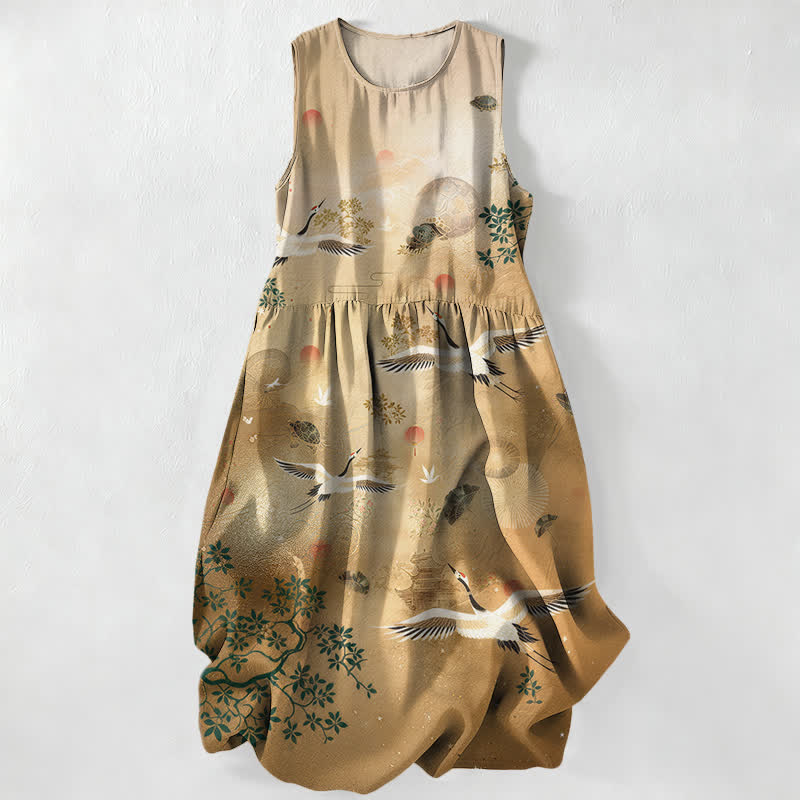 Nimara Ritual Summer Casual Crane Botanical Sun Pattern Women's Summer Sleeveless Midi Dress With Pockets