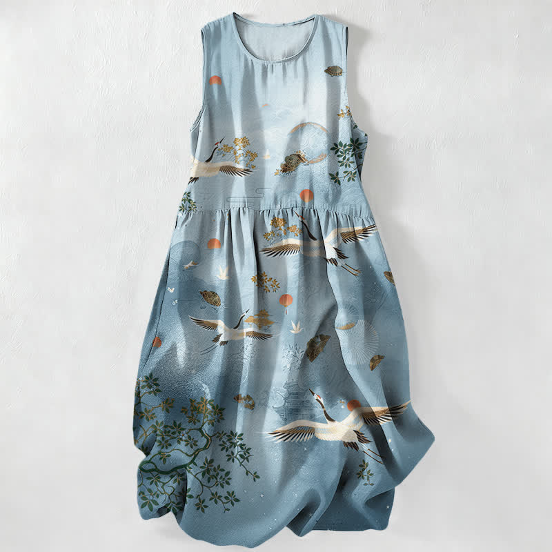 Nimara Ritual Summer Casual Crane Botanical Sun Pattern Women's Summer Sleeveless Midi Dress With Pockets