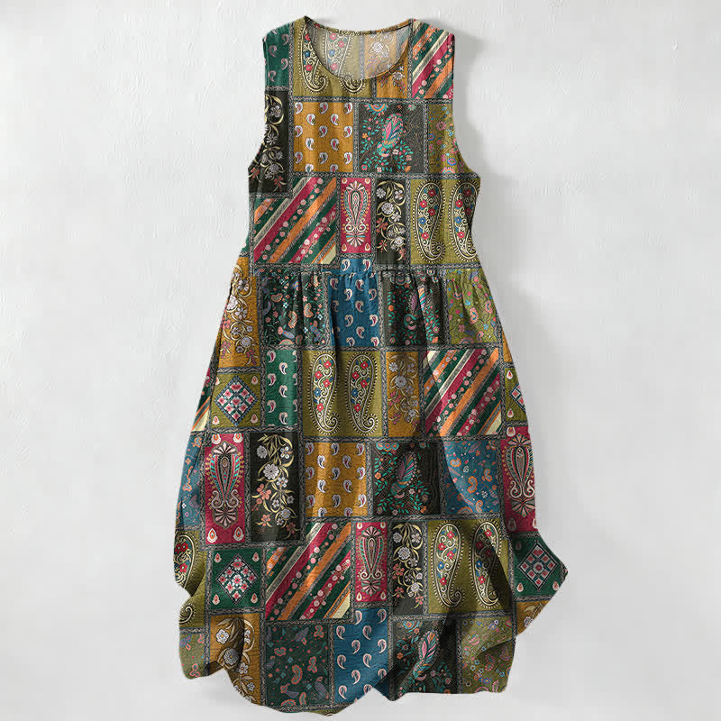 Nimara Ritual Summer Casual Olive Patchwork Paisley Floral Pattern Women's Summer Sleeveless Midi Dress With Pockets