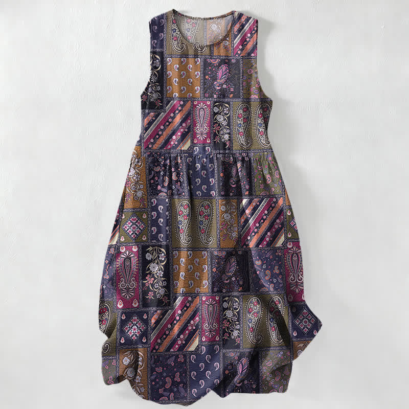 Nimara Ritual Summer Casual Olive Patchwork Paisley Floral Pattern Women's Summer Sleeveless Midi Dress With Pockets