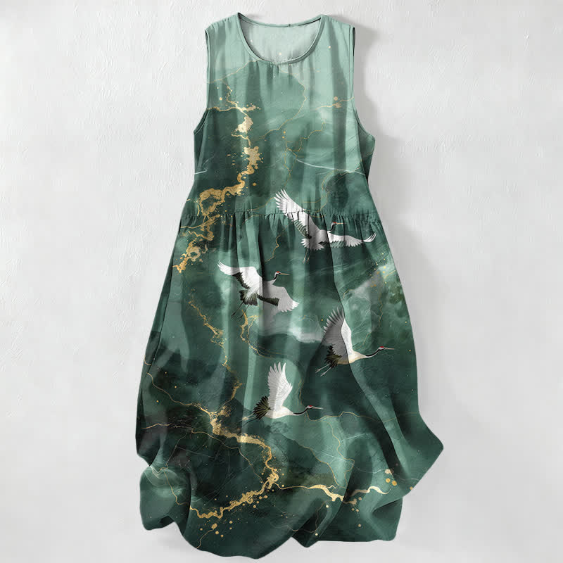 Nimara Ritual Summer Casual White Crane Gold Marble Pattern Women's Summer Sleeveless Midi Dress With Pockets