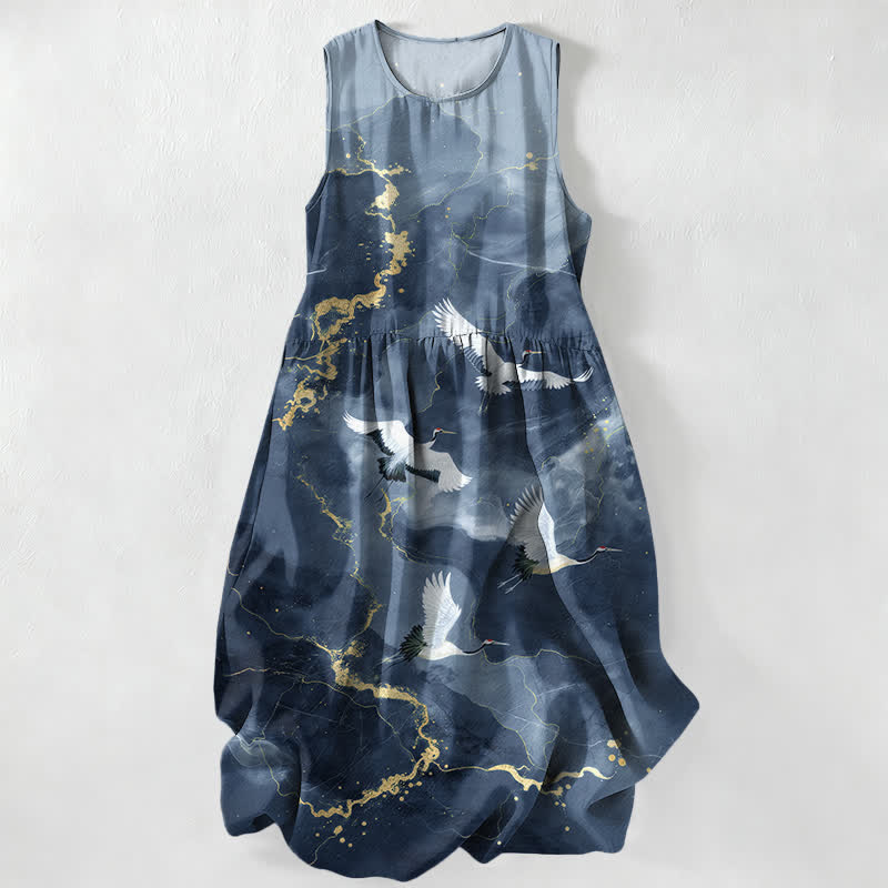 Nimara Ritual Summer Casual White Crane Gold Marble Pattern Women's Summer Sleeveless Midi Dress With Pockets