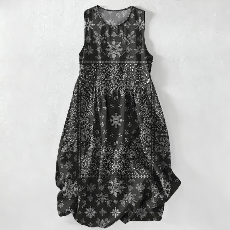 Nimara Ritual Summer Casual Bandana Paisley Floral Pattern Women's Summer Sleeveless Midi Dress With Pockets