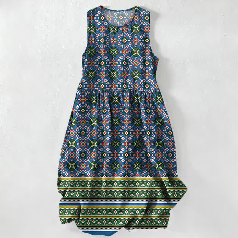 Nimara Ritual Summer Casual Blue Bohemian Geometric Border Pattern Women's Summer Sleeveless Midi Dress With Pockets
