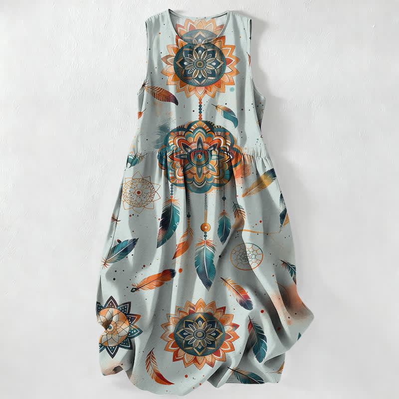 Nimara Ritual Summer Casual Bohemian Mandala Feather Pattern Women's Summer Sleeveless Midi Dress With Pockets
