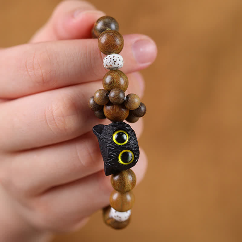 Nimara Ritual Ebony Wood Lucky Cat Grounding Beaded Bracelet