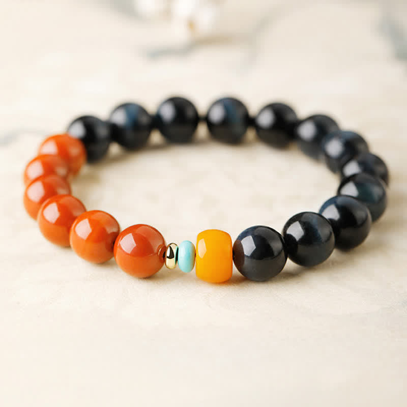 Nimara Ritual Blue Tiger Eye South Red Agate Power Round Bead Bracelet