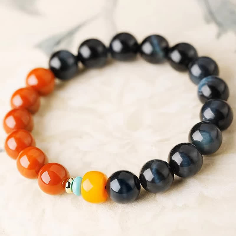 Nimara Ritual Blue Tiger Eye South Red Agate Power Round Bead Bracelet