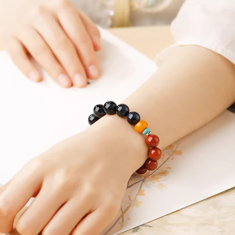 Nimara Ritual Blue Tiger Eye South Red Agate Power Round Bead Bracelet