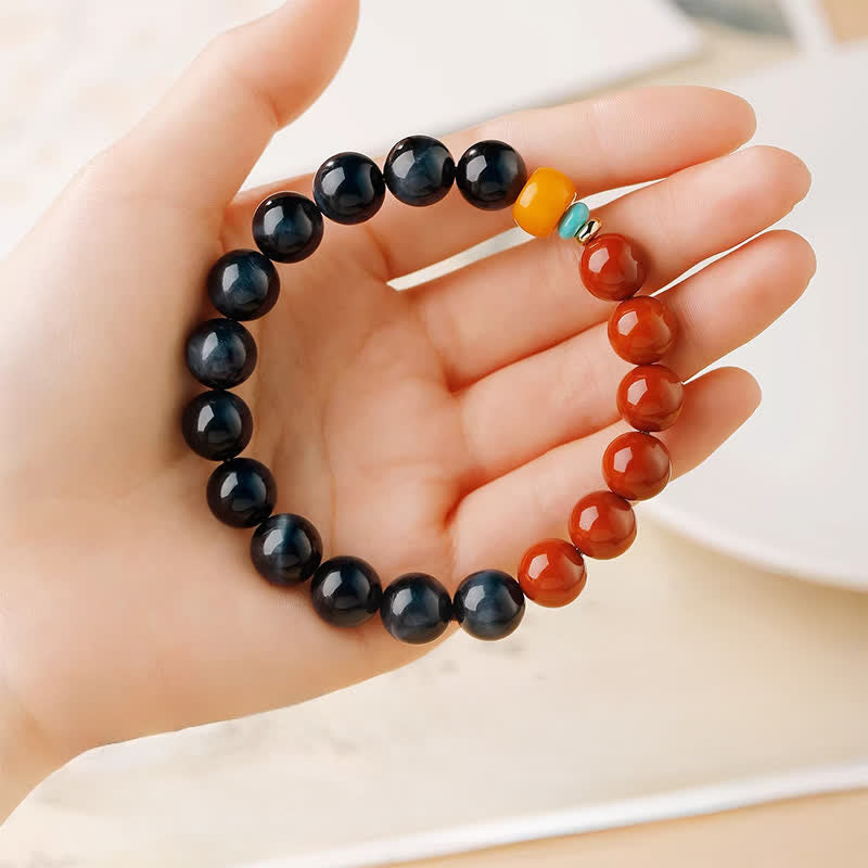 Nimara Ritual Blue Tiger Eye South Red Agate Power Round Bead Bracelet
