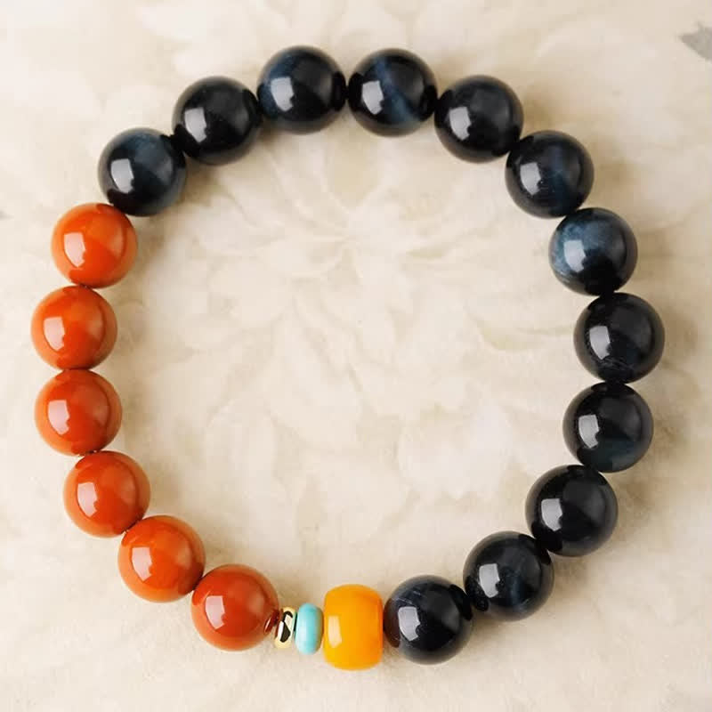 Nimara Ritual Blue Tiger Eye South Red Agate Power Round Bead Bracelet