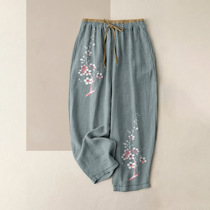 Nimara Ritual Pure Cotton Oriental Blossom Branch Pattern Women's Elastic Waist Pants With Pockets