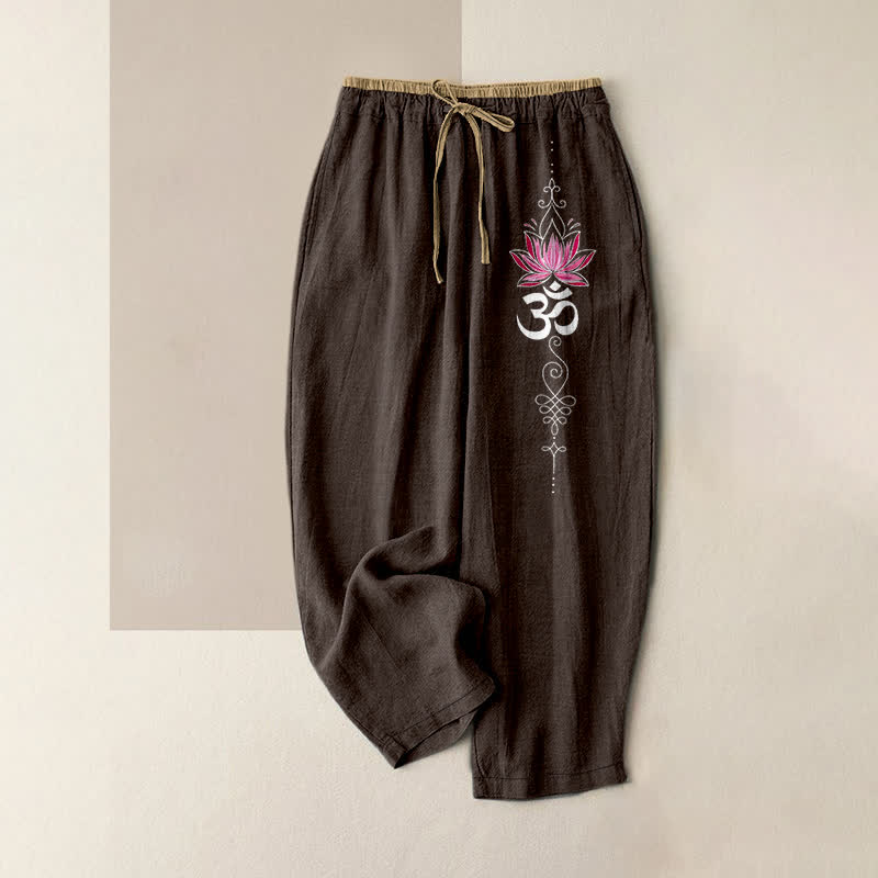 Nimara Ritual Pure Cotton Zen Lotus Om Pattern Women's Elastic Waist Pants With Pockets