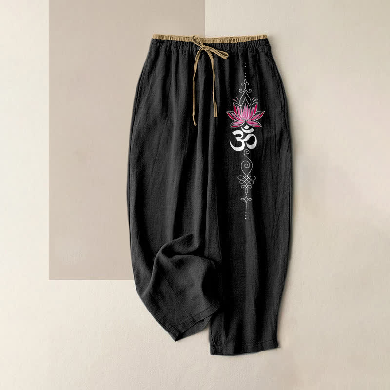 Nimara Ritual Pure Cotton Zen Lotus Om Pattern Women's Elastic Waist Pants With Pockets