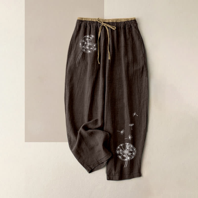 Nimara Ritual Pure Cotton White Dandelion Pattern Women's Elastic Waist Pants With Pockets