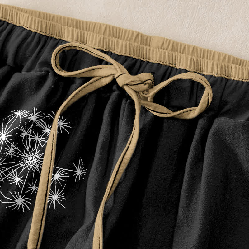 Nimara Ritual Pure Cotton White Dandelion Pattern Women's Elastic Waist Pants With Pockets