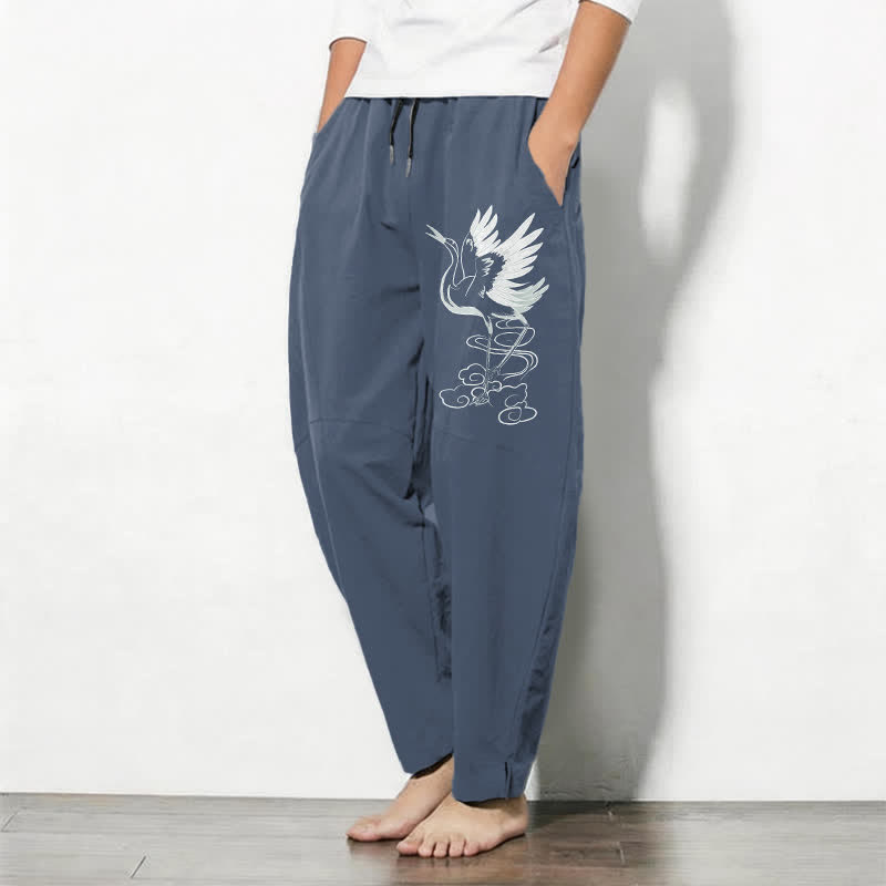 Nimara Ritual Pure Cotton White Crane Pattern Drawstring Men's Tapered Pants With Pockets